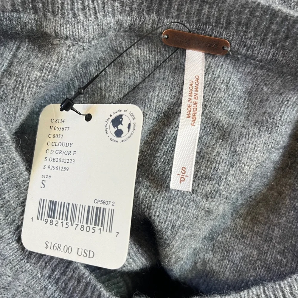 Free People Cashmere Henley Sweater Womens Small Cloudy Grey Balloon Sleeve NEW